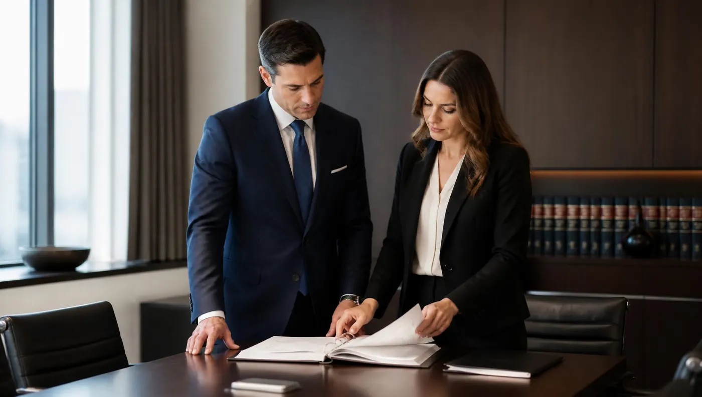 Two professionals review case documents together in a conference room.